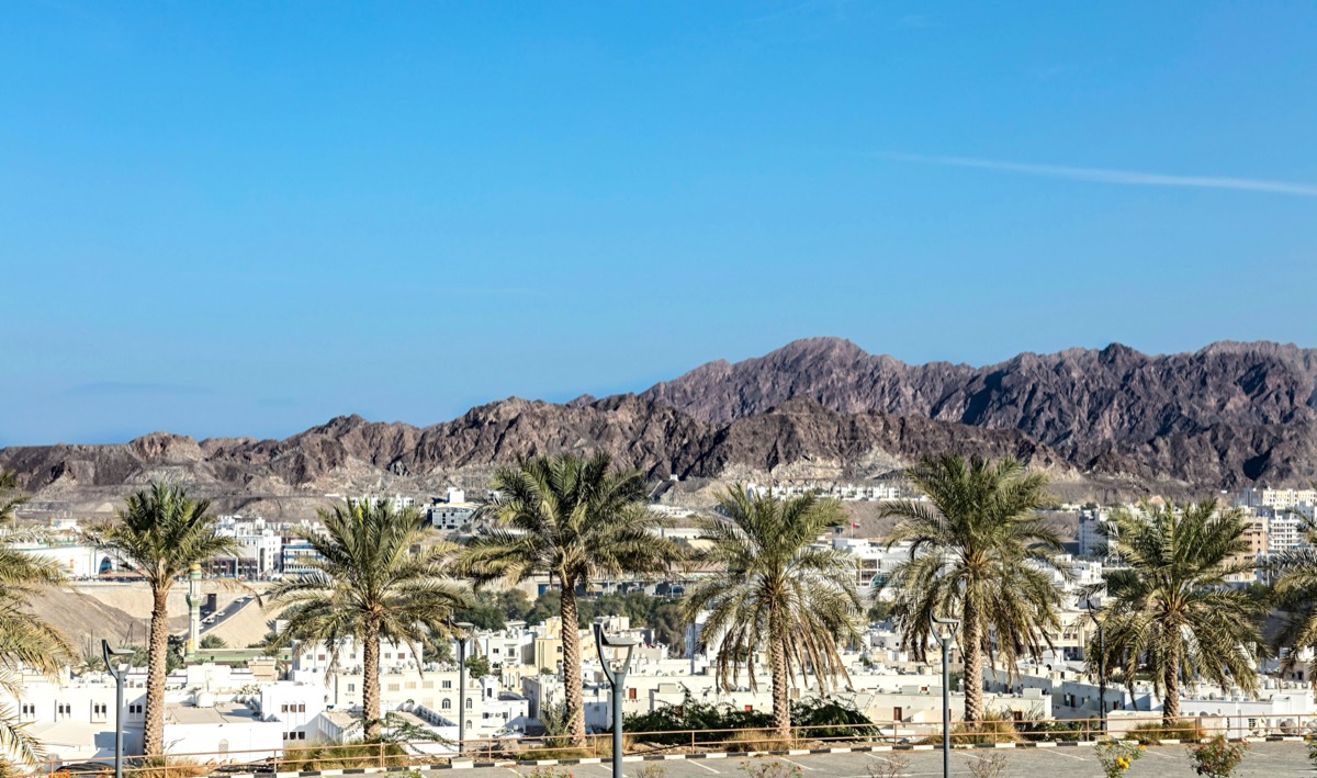 Muscat coastline with palm trees and mountains