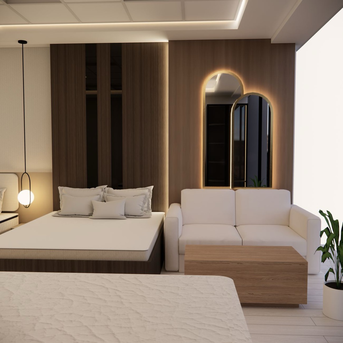 Warm, minimalist hotel suite interior